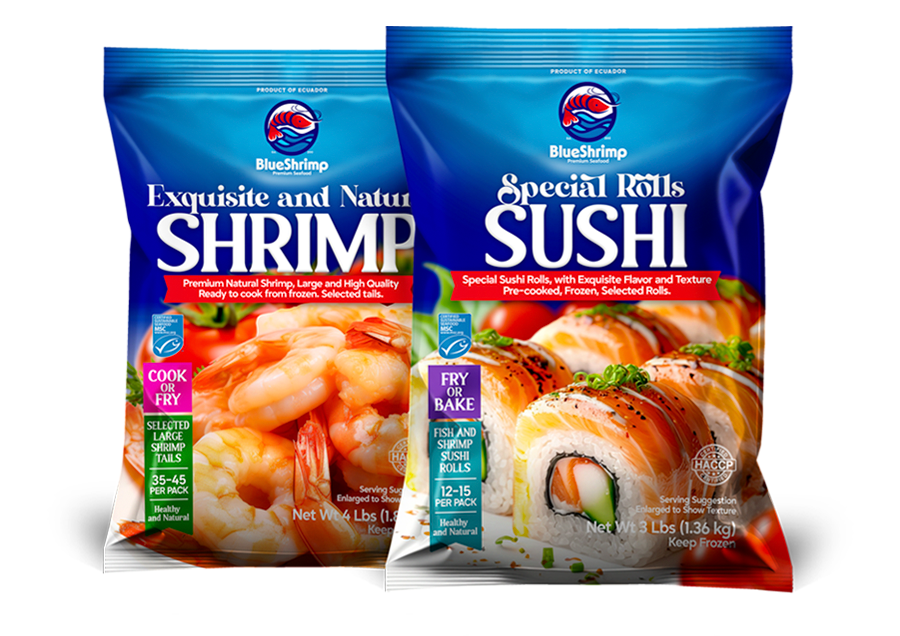 Empaques BlueShrimp de camarón y sushi